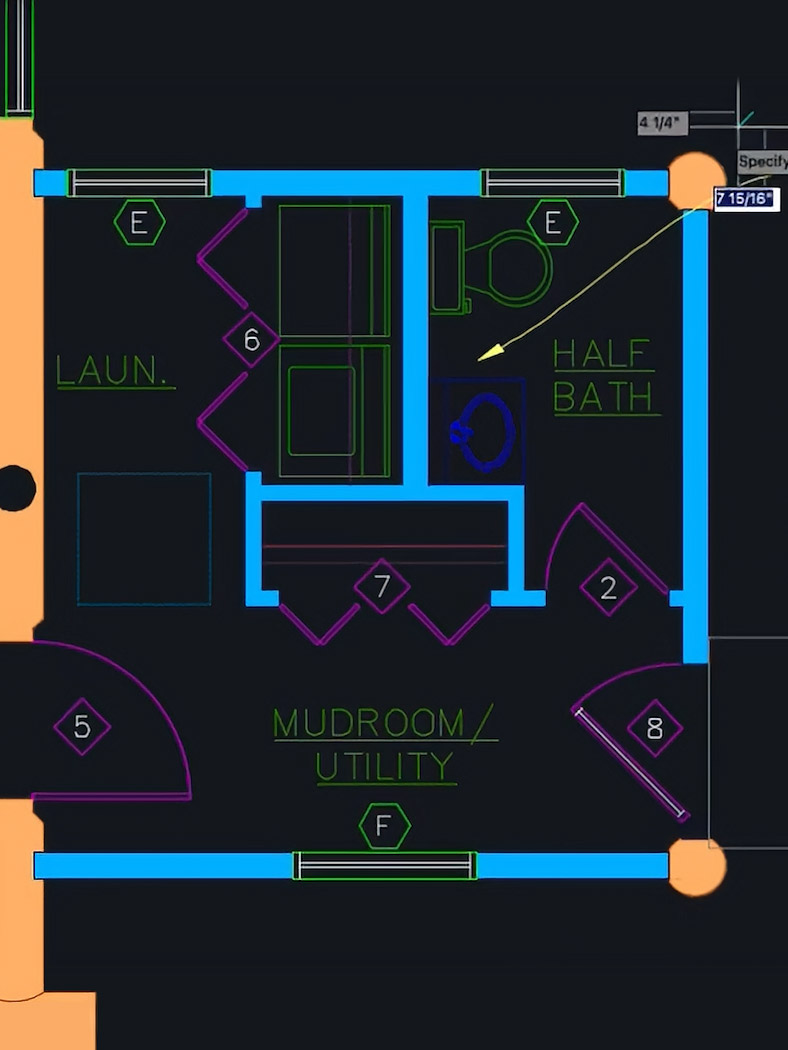 Architectural blueprint of laundry, bath, and utility areas
