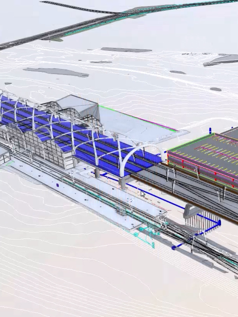 Wireframe architectural rendering of a transportation hub