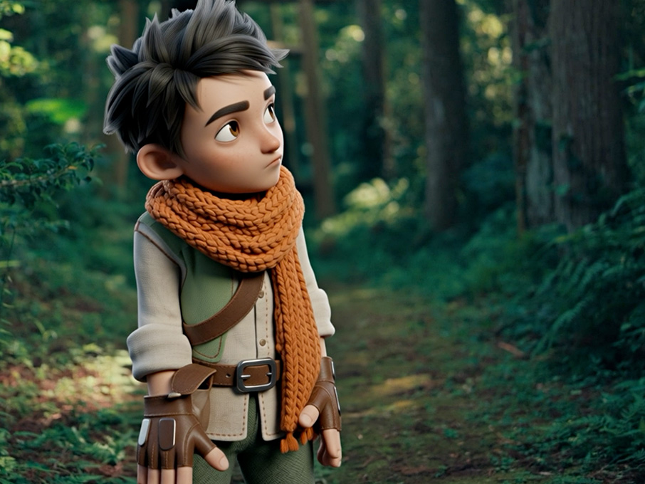 Stylized animated character standing in a forest with soft natural lighting.
