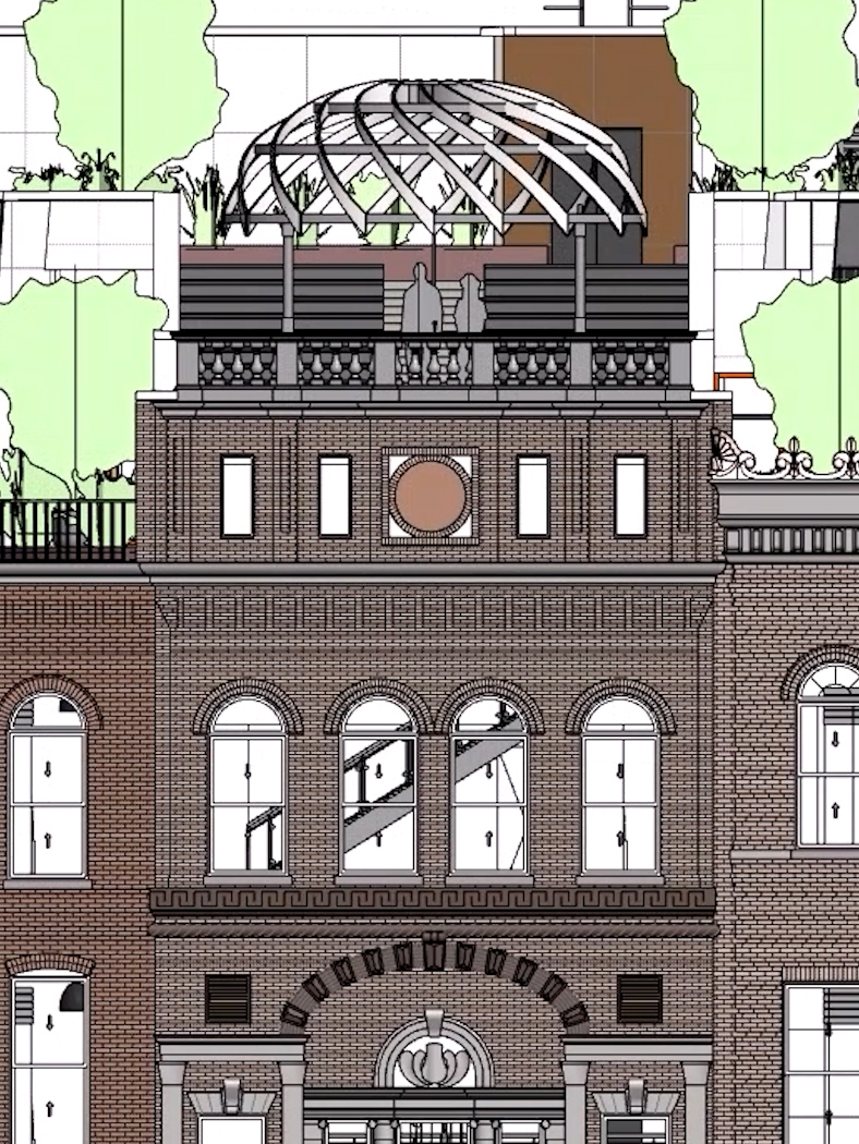 Architectural elevation of a multi-story brick building