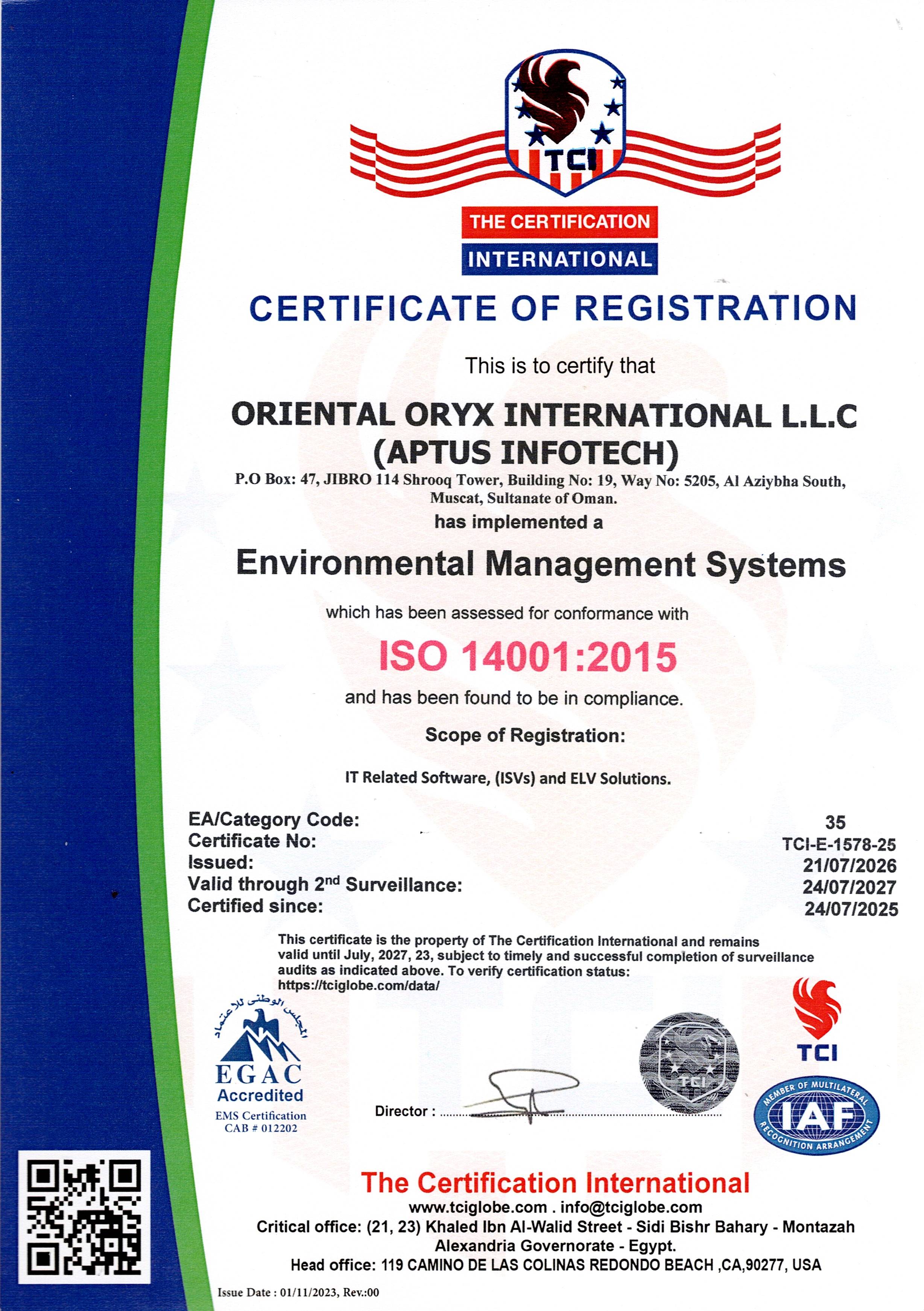 ISO 14001:2015 Certificate