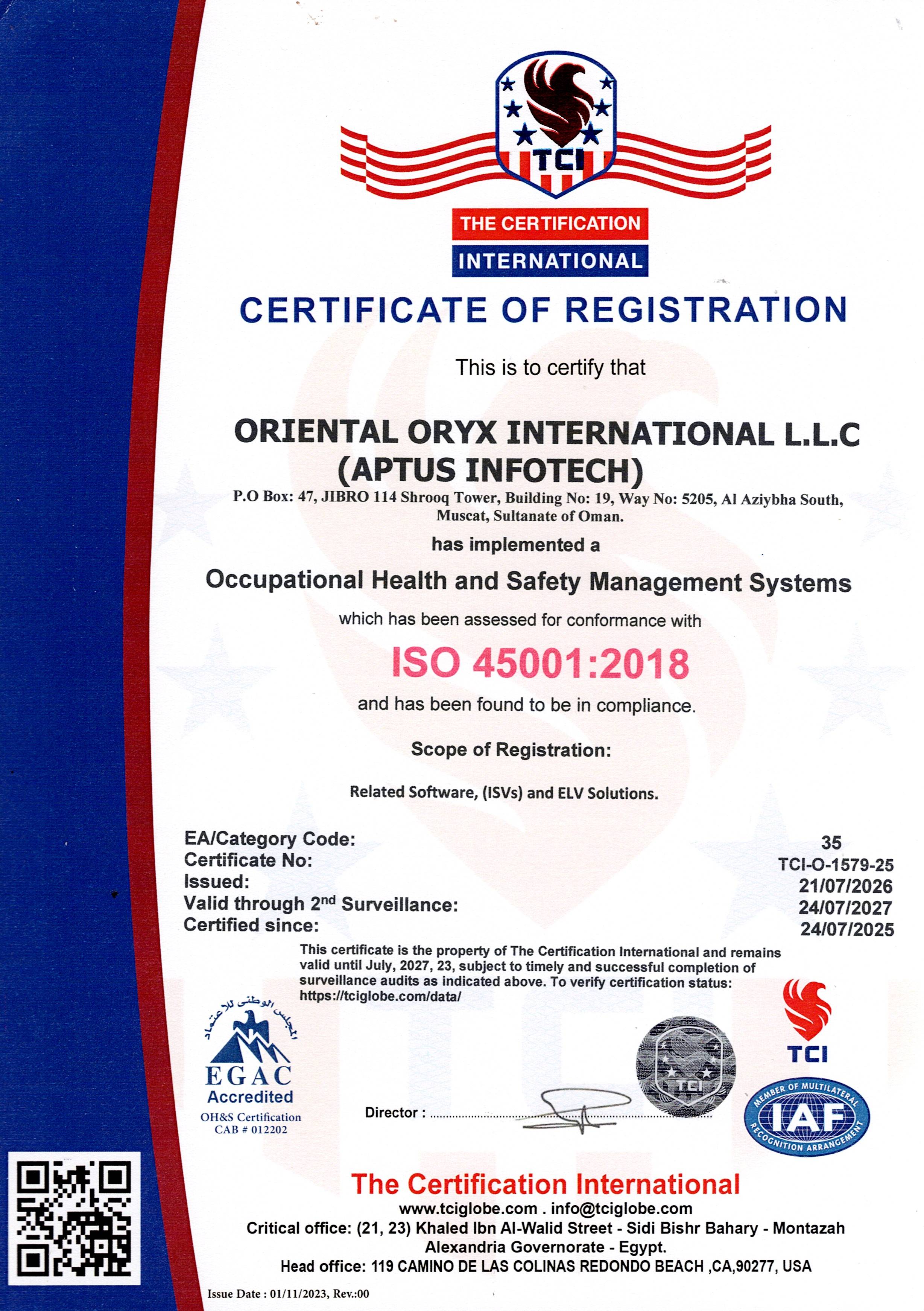 ISO 45001:2018 Certificate